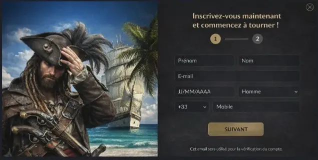 Parcours inscription Tortuga Casino